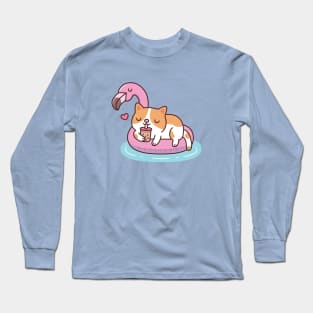 Cute Cat Drinking Bubble Tea And Chilling On Flamingo Pool Float Long Sleeve T-Shirt